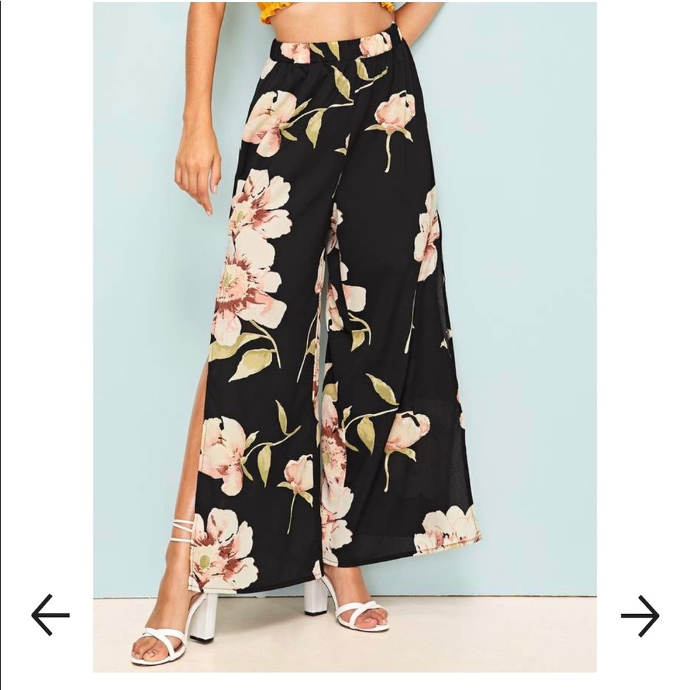 Elastic waist floral print split pants